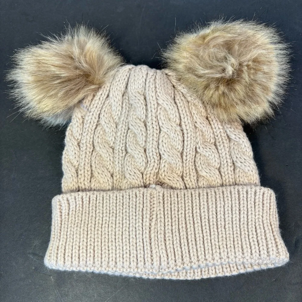 Fas Jeans Kids Cream Knit Outdoor Cozy Beanie Hat with Faux Fur Pom Poms